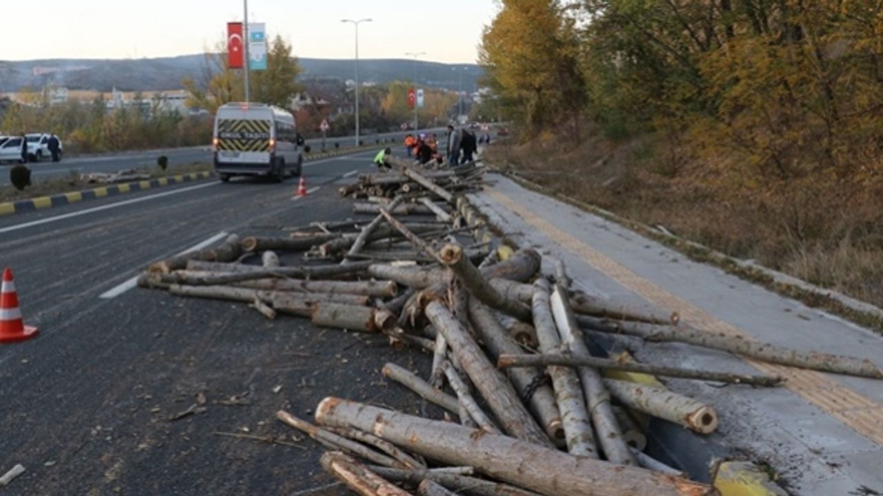 Traktörün römorku devrildi, tomruklar yola saçıldı